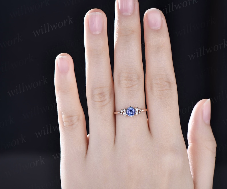 Round natural blue tanzanite ring vintage unique engagement ring 14k white gold 6 prong snowdrift diamond anniversary wedding ring for women image 4