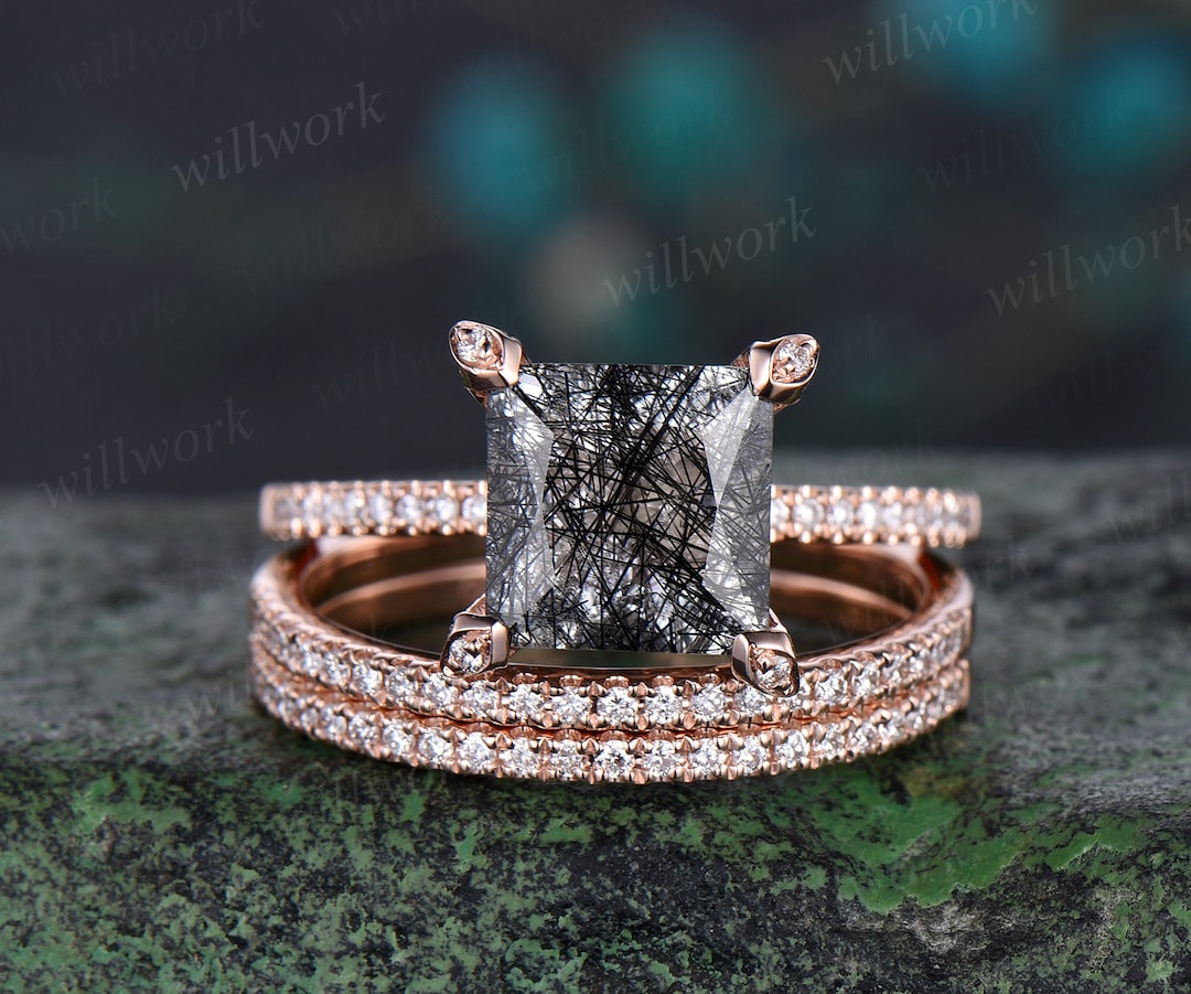 Princess Cut Black Rutilated Quartz Engagement Ring Set Rose Gold