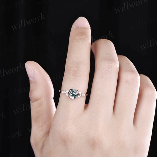 Round moss agate engagement ring art deco moissanite ring rose gold ring for women marquise ring unique vintage best engagement ring shops gift