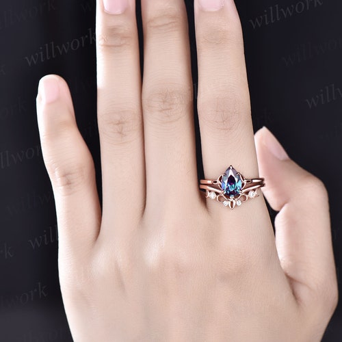 Unique pear shaped alexandrite engagement ring set rose gold silver Celtic Knot shops Norse Viking ring band vintage moissanite wedding ring set