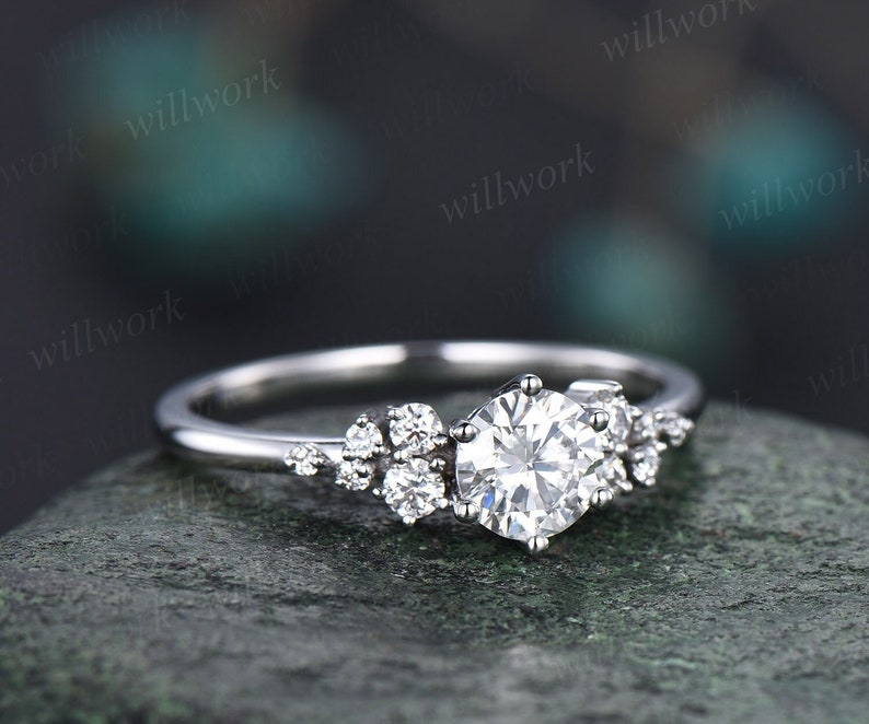 Round moissanite ring vintage moissanite engagement ring white gold unique snowdrift 6 prong engagement ring diamond wedding ring for women image 1