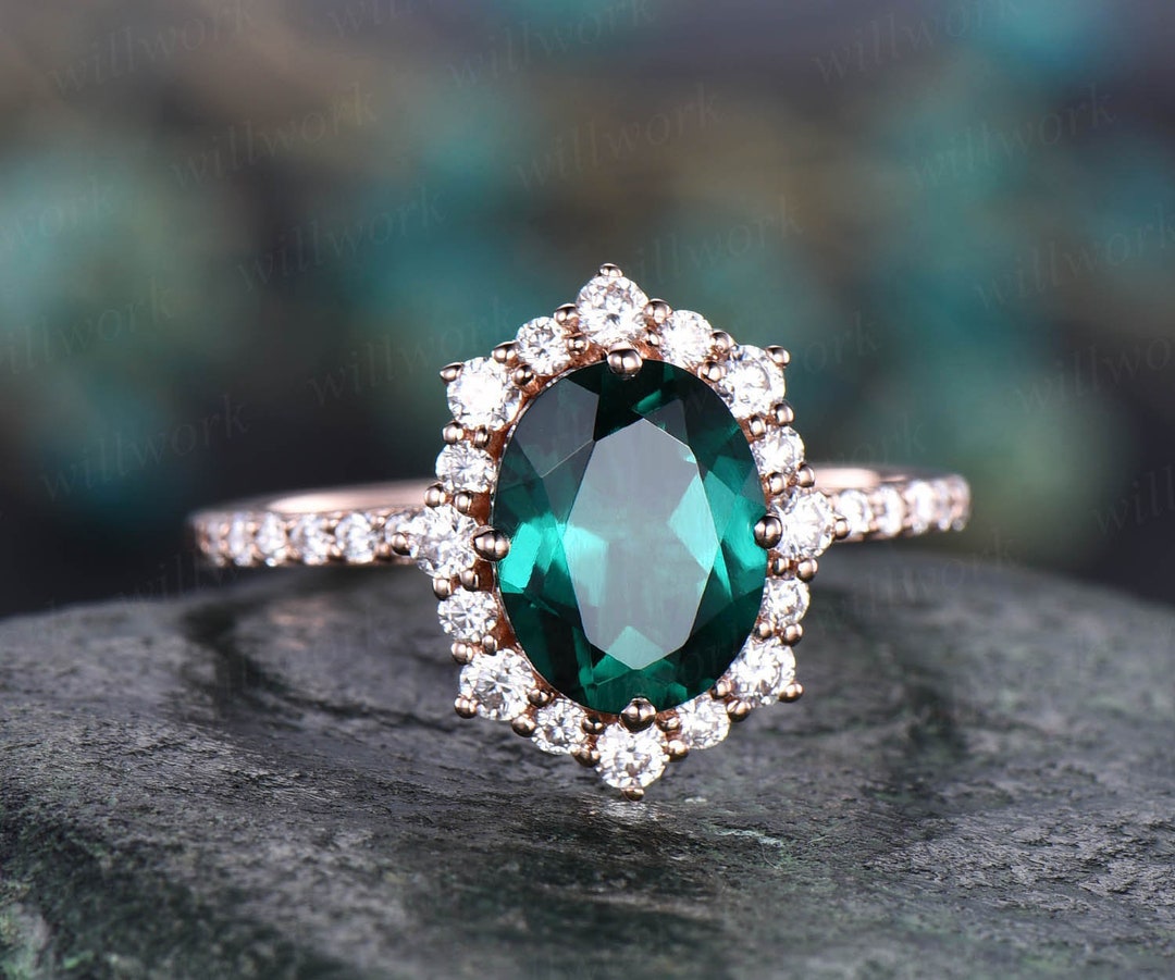7x9mm Oval Cut Green Emerald Engagement Ring Rose Gold Moissanite Halo ...