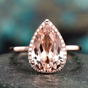 8x12mm pear morganite engagement ring rose gold morganite ring diamond halo ring antique unique bridal wedding promise ring gift for her