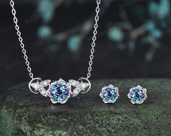 Round cut alexandrite floral earrings necklace set solid 9k 14k white gold butterfly opal unique pendant women anniversary gift jewelry