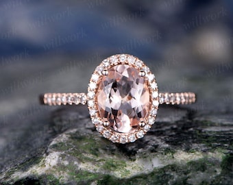 Oval morganite ring morganite engagement ring 14k rose gold real diamond halo ring antique unique half eternity promise bridal wedding ring