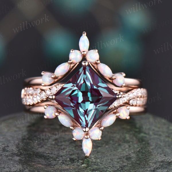 Prinses gesneden Alexandrite verlovingsring set vintage markies opaal ring set gedraaide moissanite ring set belofte ring set roségouden ring set