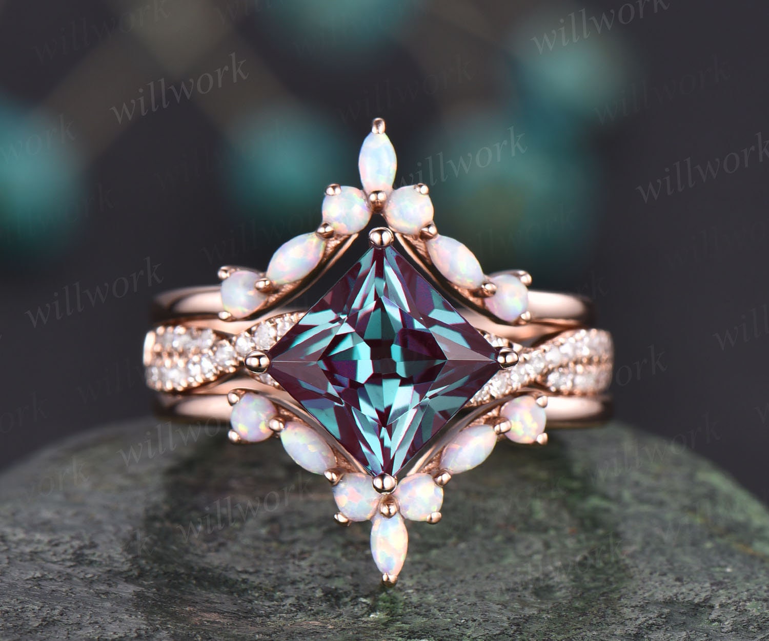 Princess Cut Alexandrite Engagement Ring Set Vintage Marquise - Etsy