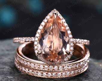 8x12mm pear shaped morganite engagement ring set 14k rose gold vintagehalo half eternity diamond promise bridal wedding ring set for women