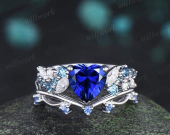 Heart shaped blue sapphire engagement ring set cluster Swiss blue topaz cornflower Sapphire ring white gold wedding promise ring women