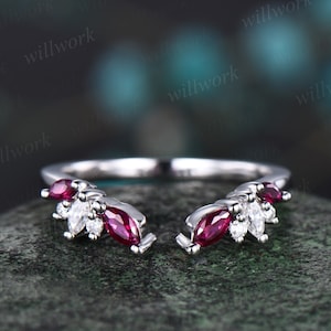 Open gap curved marquise cut natural ruby wedding band solid 14k rose gold cluster diamond ring vintage bridal anniversary ring gift