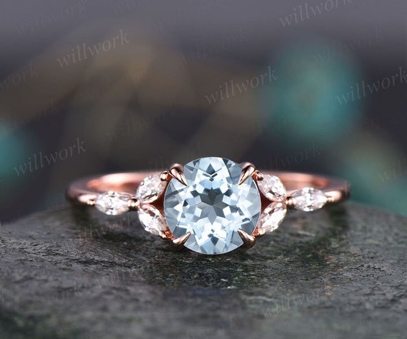 1ct Round Cut Aquamarine Engagement Ring Rose Gold Marquise | Etsy
