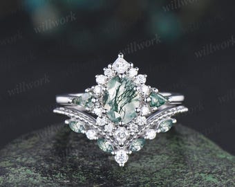 Oval moss agate engagement ring set 14k white gold kite princess halo unique promise wedding ring set retro green gemstone ring silver