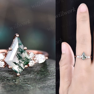 Vintage kite cut green moss agate engagement ring set 14k rose gold marquise cut moissanite ring for women unique bridal wedding ring set image 8