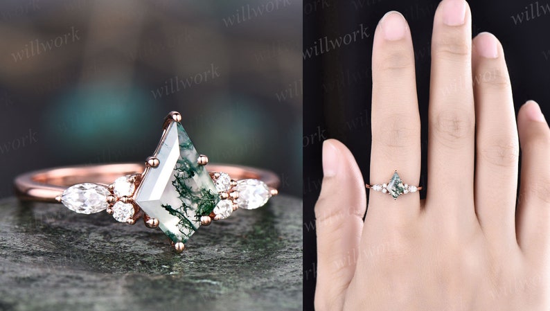 Vintage kite cut green moss agate engagement ring set 14k rose gold marquise cut moissanite ring for women unique bridal wedding ring set image 8