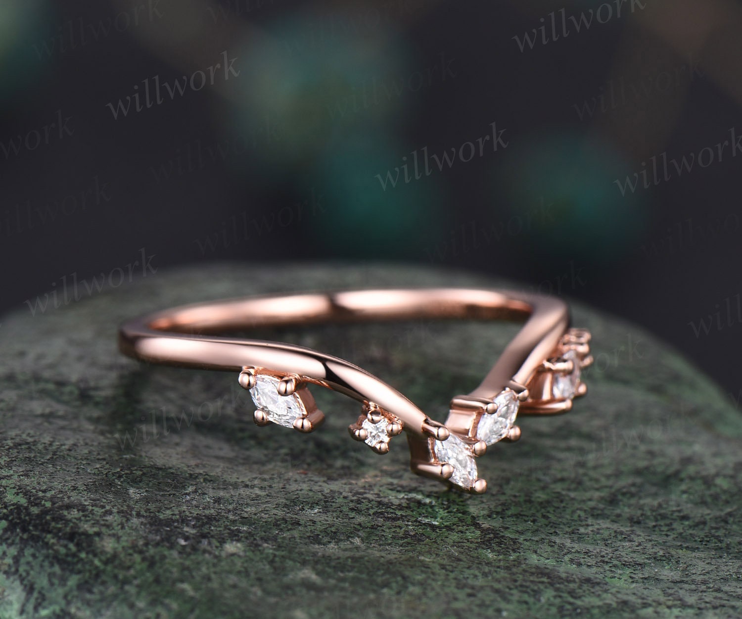 Curved Art Deco Diamond Wedding Band Solid 14k Rose Gold Cluster ...