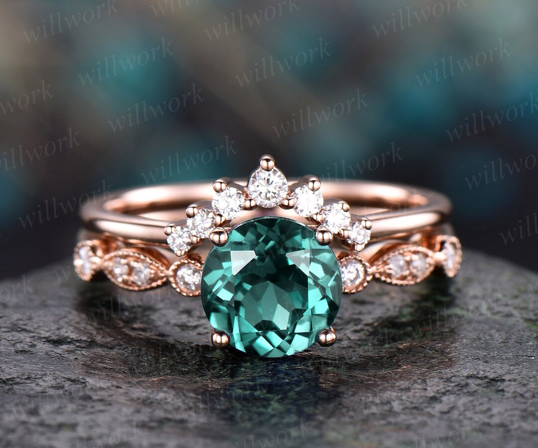 Emerald Engagement Ring Set Rose Gold Emerald Ring Vintage Marquise ...