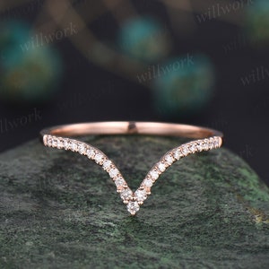 Unique Curved V shaped diamond wedding band solid 14k rose gold stacking half eternity moissanite wedding ring band anniversary ring women