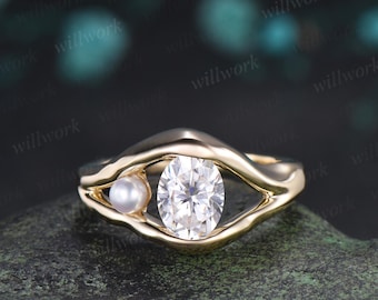 Anello di fidanzamento unico vintage con moissanite taglio ovale e perla, in oro giallo massiccio 14 carati, ideale come anello per anniversario o matrimonio, regalo per donna.