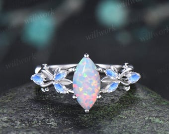 1ct marquise cut opal moonstone engagement ring vintage solid 14k white gold leaf infinity promise wedding ring women jewelry