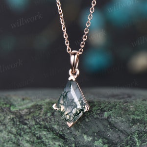 Kite natural moss agate necklace solid 14k 18k rose gold vintage unique Personalized pendant for women her anniversary bridal gift mother image 5