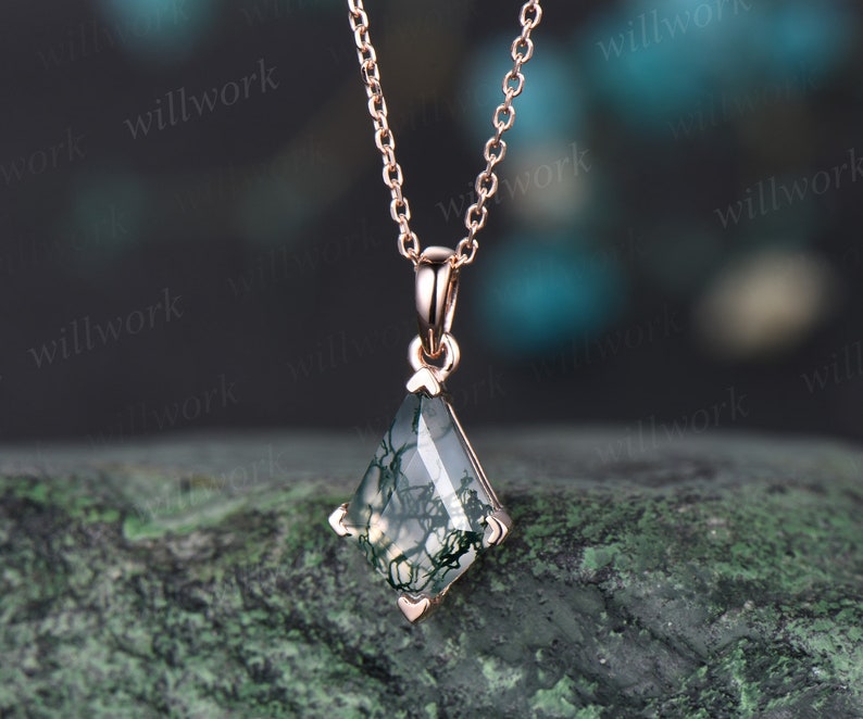 Kite natural moss agate necklace solid 14k 18k rose gold vintage unique Personalized pendant for women her anniversary bridal gift mother image 5