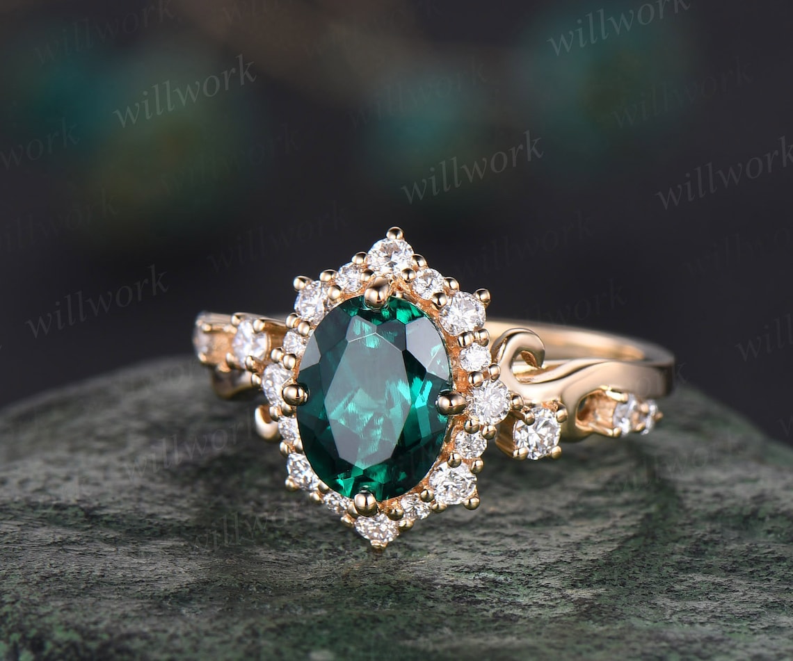 Vintage Oval Cut Emerald Engagement Ring Halo Diamond Ring 14k - Etsy