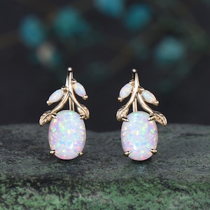 Pendientes de ópalo blanco de corte ovalado, oro amarillo macizo de 14 k, pendientes colgantes de ópalo marquesa con forma de hoja vintage, regalo de aniversario para mujer, joyería