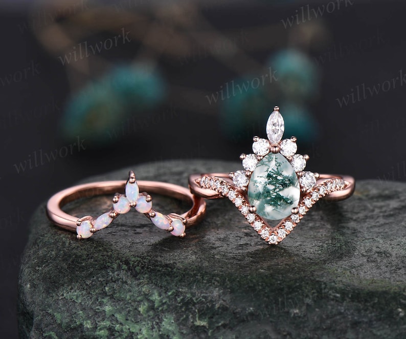 Art deco halo marquise unique vintage green moss agate engagement ring set rose gold opal ring women moissanite anniversary ring set gift image 3