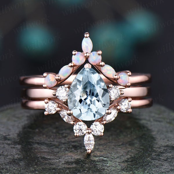 Gebogen markiezin opaal ring moissanite bruiloft bruidsset 3pcs per aquamarijn verlovingsring set rose gold Maart geboortesteen ring sieraden