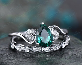 Anillo de compromiso esmeralda conjunto blanco oro-esmeralda anillo oro hecho a mano diamante anillo-2pcs floral anillo de boda set-mayo anillo de piedra de nacimiento anillo de la promesa anillo