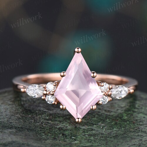 Kite cut rose quartz ring rose gold unique engagement ring set rose shops gold crystal ring art deco moissanite ring women Norse Viking Jewelry