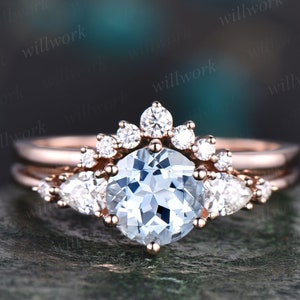 Unique aquamarine wedding ring set vintage aquamarine engagement ring set five stone pear moissanite promise ring set March birthstone ring