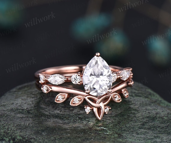 Pear shaped moissanite ring set gold vintage moissanite engagement ring set  art deco rose gold engagement ring unique engagement ring women