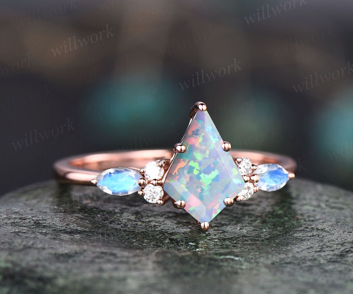 Vintage Kite Cut White Opal Engagement Ring Set 14k Rose Gold - Etsy