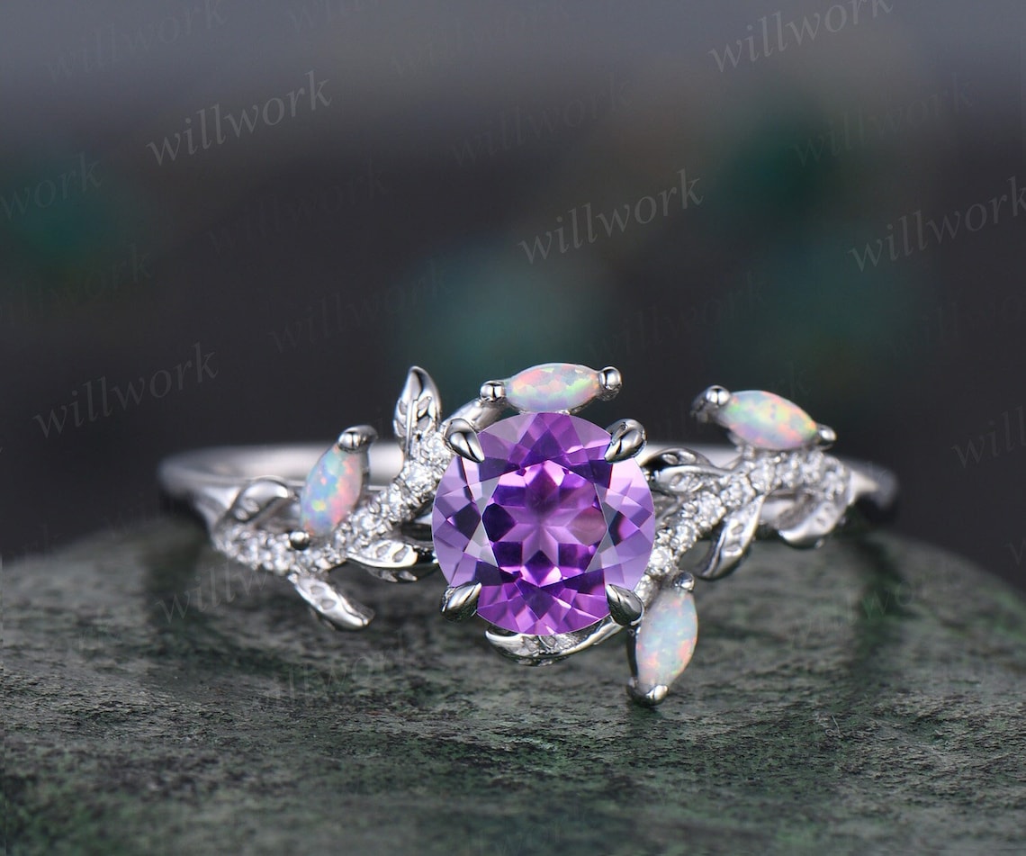 Vintage round amethyst engagement ring white gold leaf nature image 1