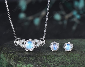 Round cut moonstone floral earrings necklace set solid 9k 14k white gold butterfly opal unique pendant women anniversary gift jewelry