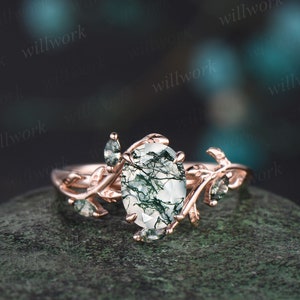 Vintage oval cut green moss agate engagement ring rose gold art deco cluster leaf nature inspired bridal promise wedding ring set women 1pc main ring