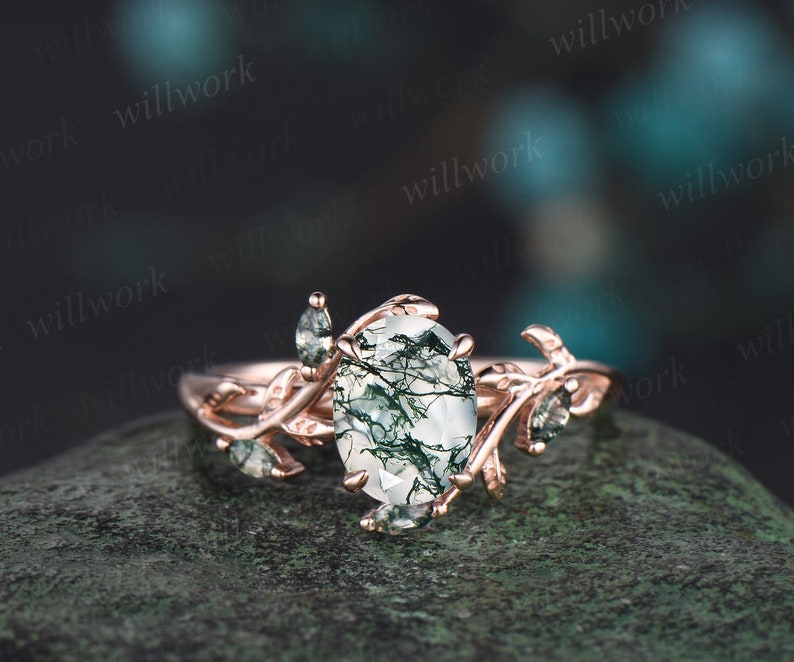 Vintage oval cut green moss agate engagement ring rose gold art deco cluster leaf nature inspired bridal promise wedding ring set women 1pc main ring