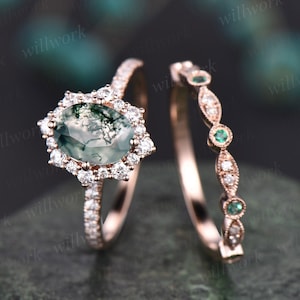 Oval cut moss agate ring gold silver vintage unique green moss agate engagement ring set art deco emerald diamond wedding ring set for women