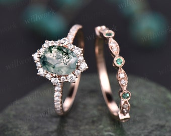 Oval cut moss agate ring gold silver vintage unique green moss agate engagement ring set art deco emerald diamond wedding ring set for women