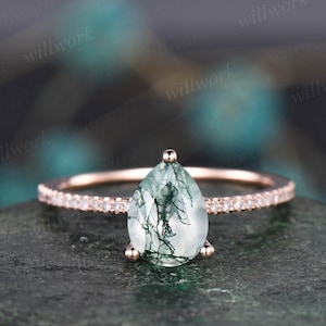 Pear shaped moss agate engagement ring unique vintage moss agate ring for women rose gold diamond jewelry green moss ring bridal ring gift