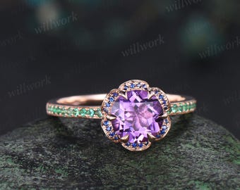 Floral round cut amethyst engagement ring hidden halo natural sapphire ring vintage half eternity emerald wedding promise ring women jewelry