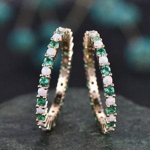 Opal ring vintage emerald ring gold full eternity opal emerald wedding ring band May birthstone matching stacking ring unique jewelry gift