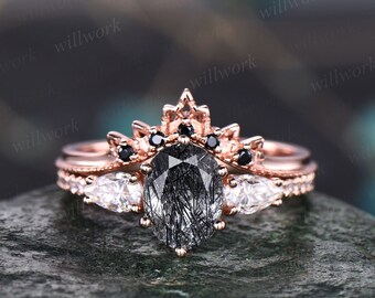 Vintage black rutilated quartz engagement ring set rose gold bridal ring set black diamond ring set unique moissanite ring set for women