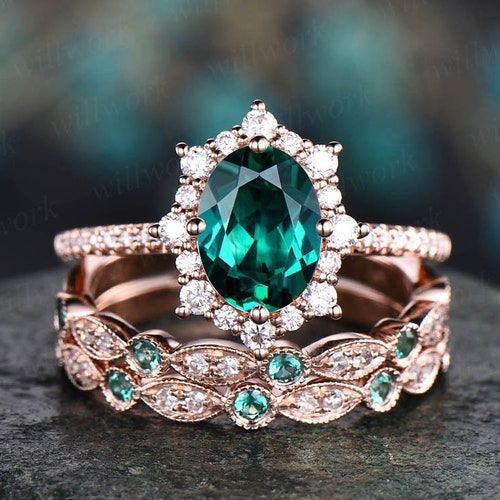 Emerald Engagement Ring Set Vintage Rose Gold Unique Pear - Etsy