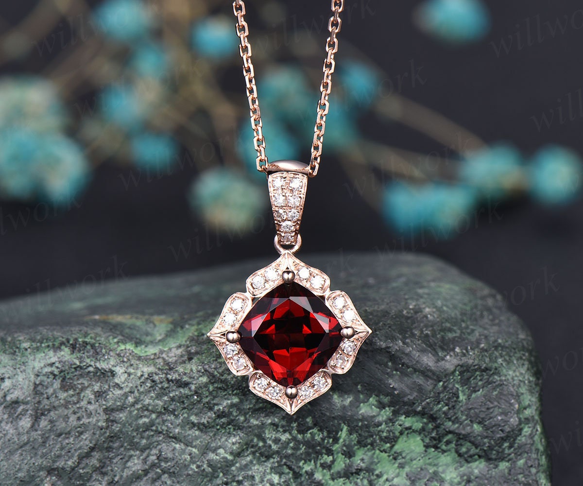 Flower Halo Real Diamond Red Garnet Necklace Cushion Garnet - Etsy