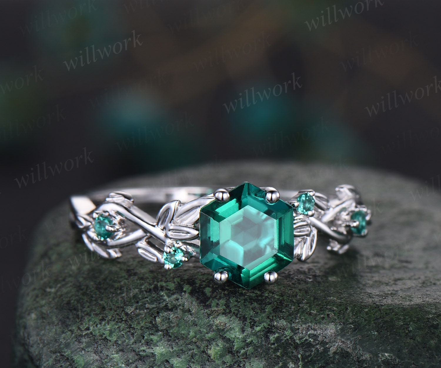 7mm Emerald Ring Vintage Hexagon Cut Emerald Engagement Ring Women