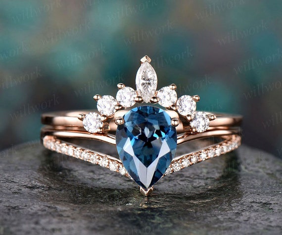 2pc Diamond Bridal Set Art Deco Crown Moissanite Ring London Blue Topaz Engagement Ring 14k Rose Gold November Birthstone Anniversary Ring Etsy Ireland