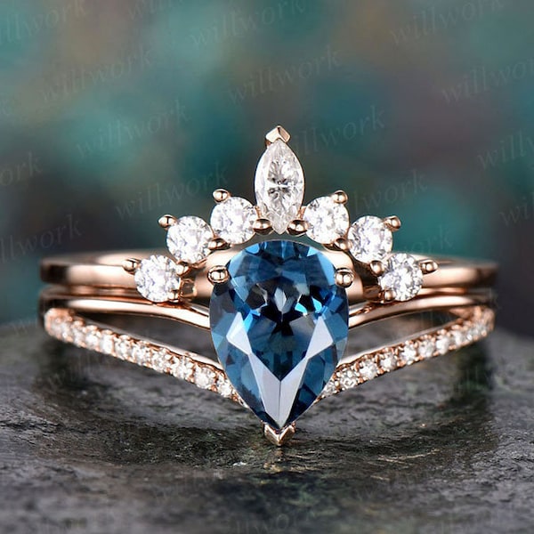 2pc diamond bridal set art deco crown moissanite ring London blue topaz engagement ring 14k rose gold November birthstone anniversary ring