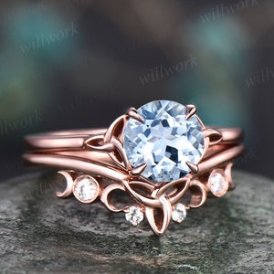 Vintage aquamarine ring set gold silver for women Solitaire aquamarine engagement ring set Norse Viking ring Jewelry March birthstone ring